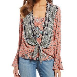FIG & FLOWER Anthropologie M BOHO TIE FRONT Bell SLEEVE TOP BLOUSE Built In Cami